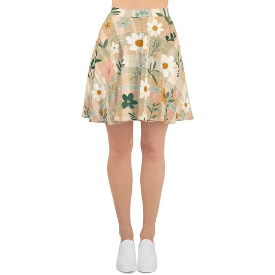 Women's Spring Floral Plaid Skater Skirt - Elastic Waist - Comfortable & Cute