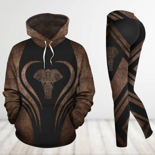 Elephant Mandala Brown Hoodies Set, Elephant Leggings For Women, Cute Animal Hoodies And Yoga Pants, Matching Workout Outfit