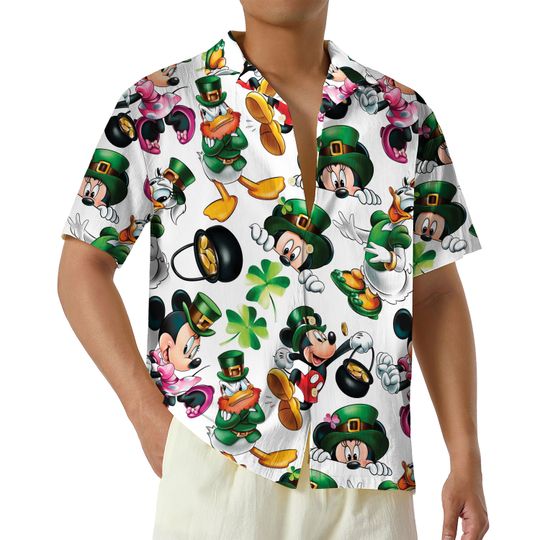 Mickey And Friends Patricks Day Hawaiian Shirt, Irish Day Button Up Shirt, Shamrock Shirt, Disney St Patricks Gift