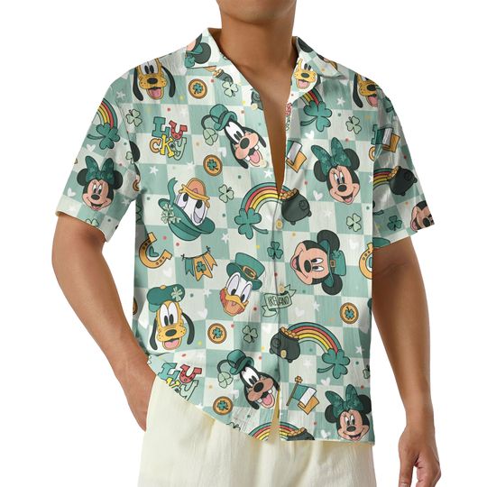 Green Mickey And Friends Lucky Clover Hawaiian Shirt, Irish American St Patricks Day Button Up Shirt, Shamrock Shirt, Cute St Paddys Gift