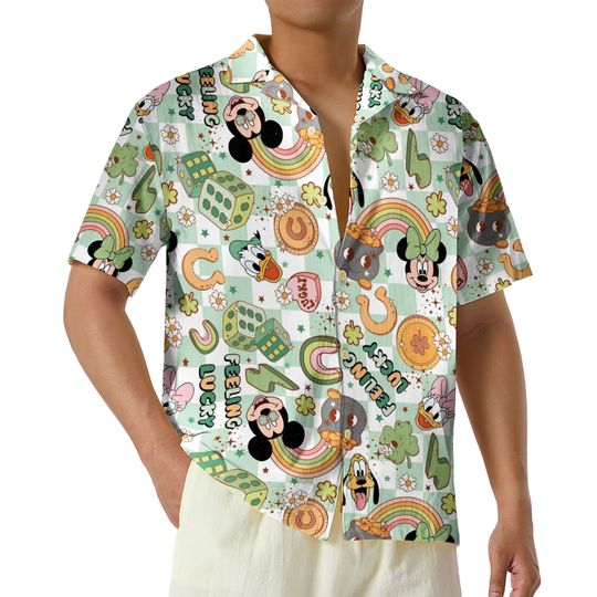 Groovy Mickey And Friends Lucky Hawaiian Shirt, St Patricks Day Button Up Shirt, Irish Shamrock Shirt, Cute St Paddys Gift