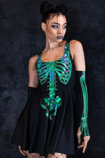 Green Skeleton Skater Dress, Halloween dress, skeleton Halloween costume for women, gothic clothing, open back dress, black short mini dress