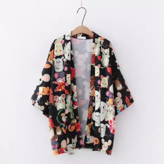 Women's Cartoon Mouse Print Chiffon Kimono