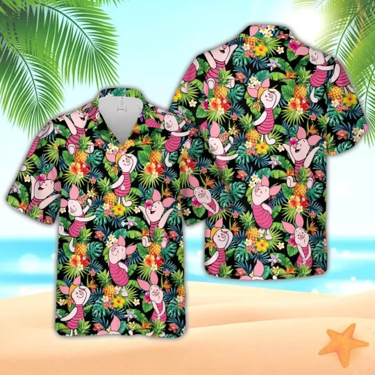 Piglet Pineapple Tropical Flowers Pattern Summer Vacation 3D HAWAII SHIRT