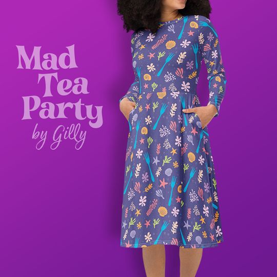 Little Mermaid all-over print long sleeve midi dress with pockets