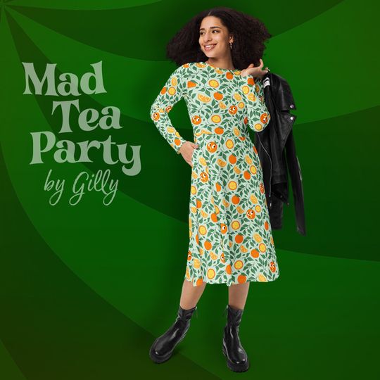 Orange bird long sleeve midi dress with pockets