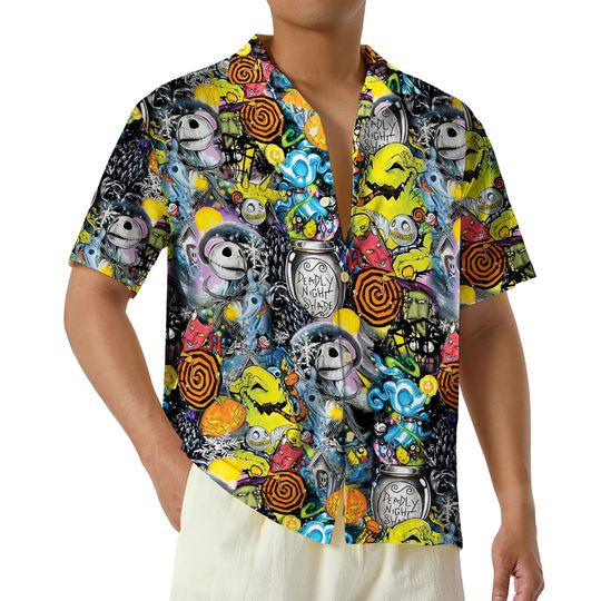 Nightmare Before Christmas Hawaiian Shirt, Jack and Sally Oogie Boogie Lock Shock Barrel Button Up Shirt, Halloween Disney Gift
