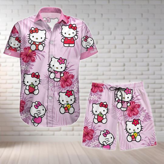 Hello Kitty Button Shirt And Shorts, Kitty Cat Shirt, Kitty Hawaiian Shirt, Women Man Shorts, Kitty Summer Shirt, Pink Cat Beach Shirt