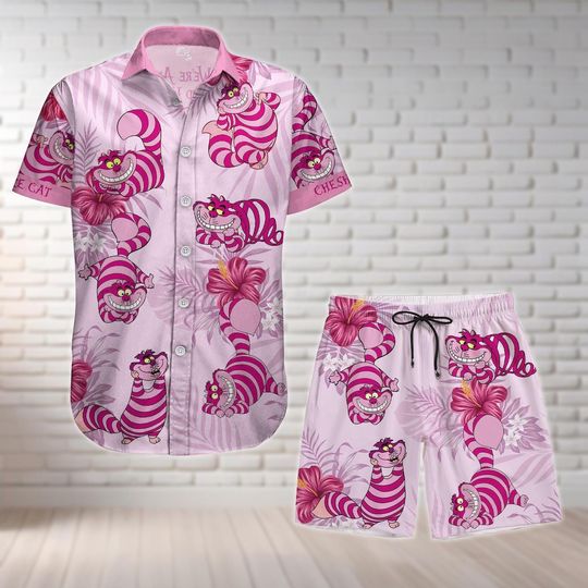 Cheshire Cat Button Shirt And Shorts, Cat Hawaiian Shirt, Swim Shorts, Alice Wonderland Shirt, Cute Beach Shirt, Disney Beach Shirt