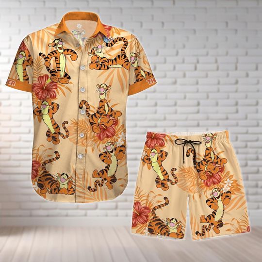 Tigger Winnie The Pooh Button Shirt And Shorts, Disney Tigger Hawaiian Shirt, Summer Shirt, Swim Shorts, Beach Shirt, Cartoon Shirt