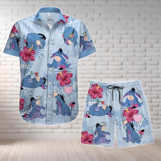 Eeyore Winnie Pooh Button Shirt And Shorts, Disney Eeyore Hawaiian Shirt, Donkey Summer Shirt, Swim Shorts, Beach Shirt, Cartoon Shirt