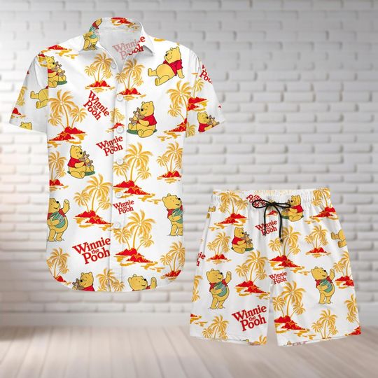 Pooh Button Shirt And Shorts, Disney Winnie Pooh Hawaiian Shirt, Stitch Tropical Summer Shirt, Swim Shorts, Beach Shirt, Cartoon Shirt