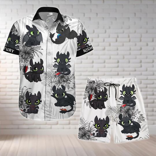 Toothless Button Shirt And Shorts, Disney Night Fury Hawaiian Shirt, How To Train Your Dragon Shirt, Swim Shorts, Summer Beach Shirt