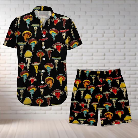 Sexy Mushroom Button Shirt And Shorts, Toadstool Hawaiian Shirt, Cottagecore Shirt, Swim Shorts, Summer Beach Shirt, Mushroom Lover