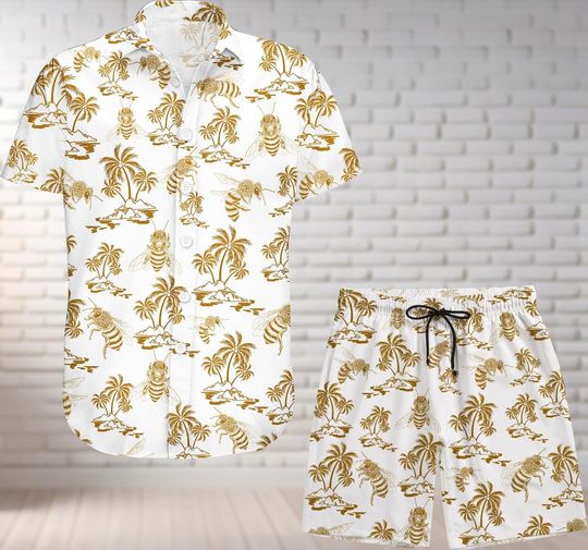 Bee Coconut Tree Button Shirt And Shorts, Bee Botanical Hawaiian Shirt, Bee Tropical Summer Shirt, Bee Lovers Gift, Animals Aloha Shirt