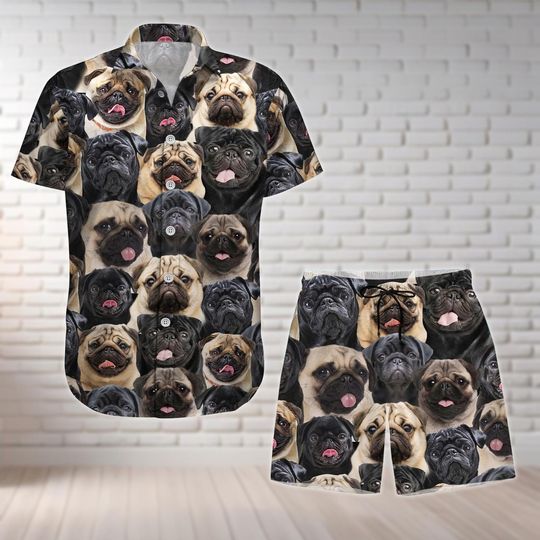 Pug Button Shirt And Short, Pug Dog Hawaiian Shirt, Summer Beach Shirt, Pug Lover Gift For Her Him, Swim Shorts, Animal Hawaii Shirt
