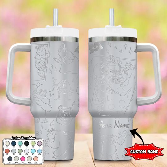 Custom Monster 40oz Tumbler, Magical Cartoon Coffee Cup, Monster Engraved Tumbler, Magic Kingdom Handle Stainless Steel Reusable Tumbler