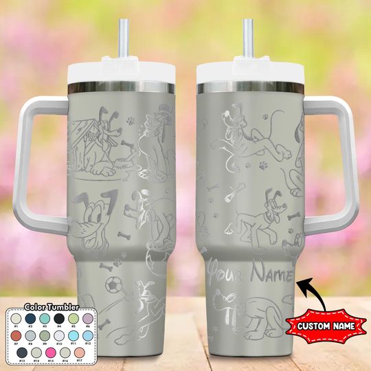 Custom Pluto Dog Tumbler, Mickey Mouse 40oz Tumbler, Cartoon Cup Gift, Magic Kingdom Handle Stainless Steel Tumbler, Pluto Tumbler