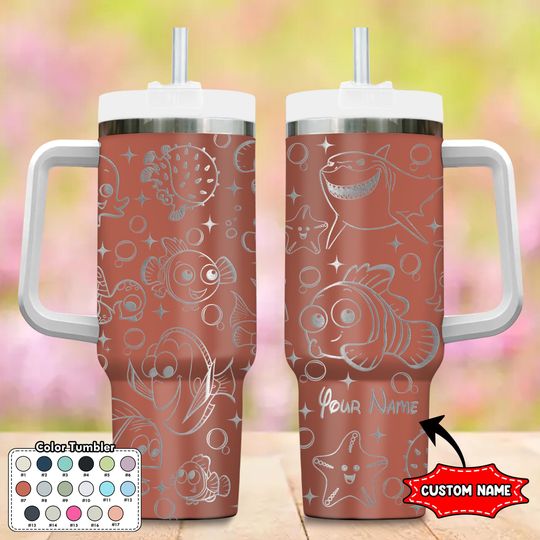 Custom Finding 40oz Tumbler, Cartoon Characters Engraved Tumbler, Finding Fish Cup Gift, Magic Kingdom Handle Stainless Steel Tumbler