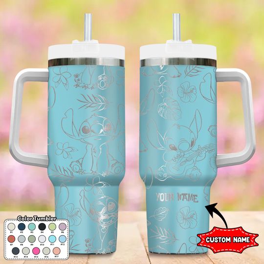 Custom Blue Dog Tropical Tumbler, Cartoon Characters 40oz Tumbler, Cute Monster Cup Gift, Handle Stainless Steel Reusable Tumbler