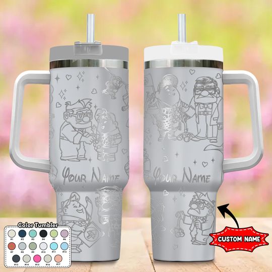 Custom UP Carl and Russell Tumbler, UP Movie 40oz Laser Engraved Tumbler, Carl and Ellie Cup, Magic Kingdom Handle Stainless Steel Tumbler