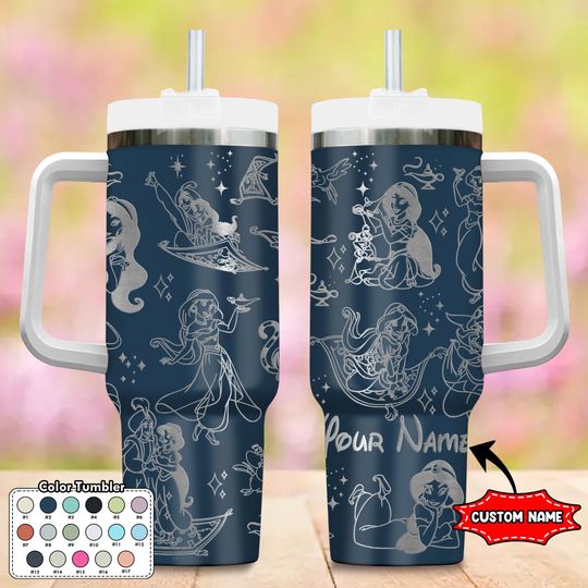 Custom Jasmine Princess Tumbler, Aladdin Movie 40oz Tumbler, Cartoon Gift, Magic Kingdom Handle Stainless Steel Tumbler, Princess Tumbler