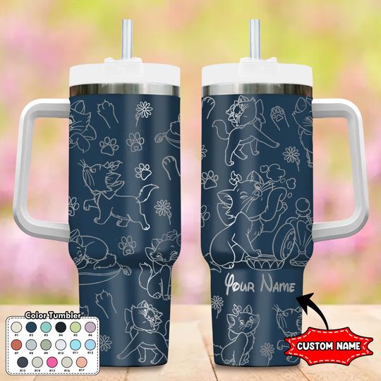 Custom Cat 40oz Tumbler, Cartoon Characters Tumbler, Cute Cat Coffee Cup Gift, Magic Kingdom Handle Stainless Steel Tumbler, Birthday Gift
