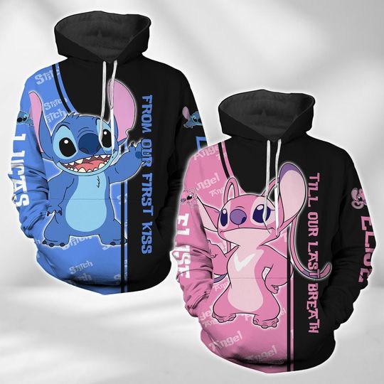 Stitch And Angel 3D Hoodie, Personalized Disney Stitch Couple 3D Hoodie, Disneyland 3D Hoodie, Valentines Day 3D Hoodie