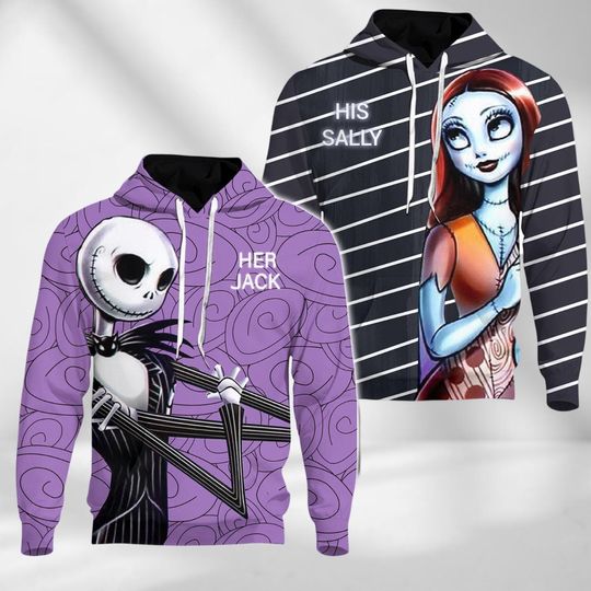 Her Jack His Sally 3D Hoodie, Jack And Sally Couple 3D Hoodie, Valentines Day 3D Hoodie, Nightmare Before Christmas 3D Hoodie