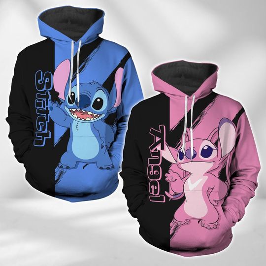 Valentines Day 3D Hoodie, Personalized Stitch And Angel 3D Hoodie, Disney Honeymoon 3D Hoodie, Lilo And Stitch 3D Hoodie
