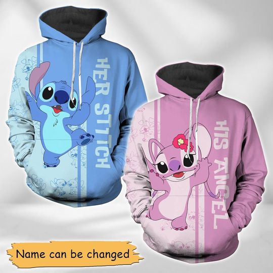 Her Stitch His Angel 3D Hoodie, Custom Stitch And Angel Couple 3D Hoodie, His And Her 3D Hoodie, Valentines Day 3D Hoodie