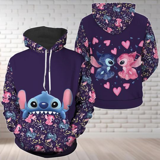 Stitch And Angel Couple 3D Hoodie, Disney Stitch 3D Hoodie, Cute Lilo And Stitch 3D Hoodie, Valentines Day 3D Hoodie