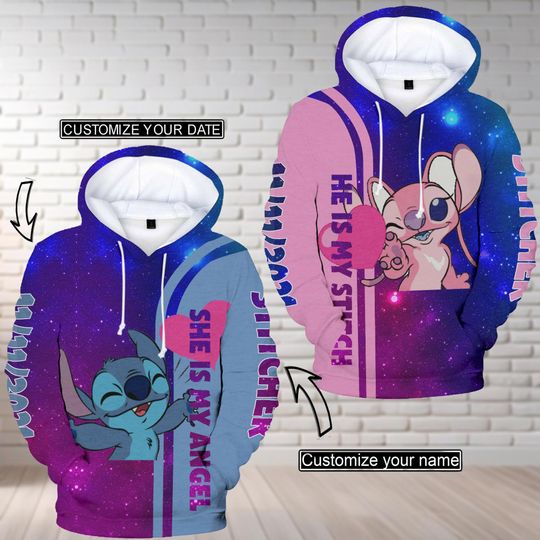 Custom Stitch And Angel 3D Hoodie, She Is My Angel And He Is My Stitch 3D Hoodie, Disney Stitch Couple 3D Hoodie