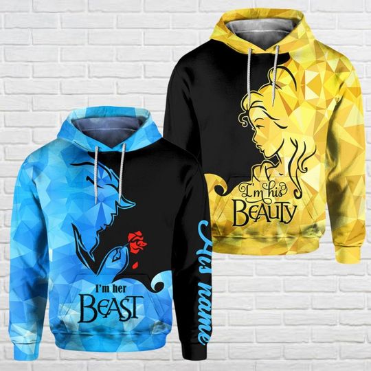 Personalized Couple 3D Hoodie, Beauty And The Beast Disney Couple 3D Hoodie, His Beauty Her Beast 3D Hoodie