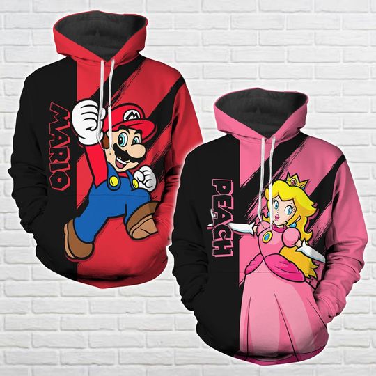 Custom Super Mari And Princess Peach Couple 3D Hoodie, Hero And Princess 3D Hoodie, Valentines Day 3D Hoodie