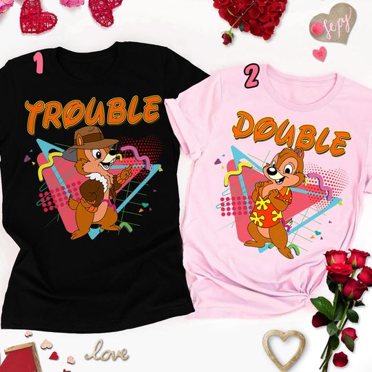 Retro Disney Chip And Dale T-Shirt, 90s Pair Of Squirrel Couple T-Shirt, Double Trouble Family Matching T-Shirt, Valentine T-Shirt