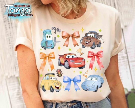 Discover Coquette Bows Watercolor Disney T-Shirt, Disney Pixar Cars T-shirt, Lightning McQueen and Tow Mater T-Shirt