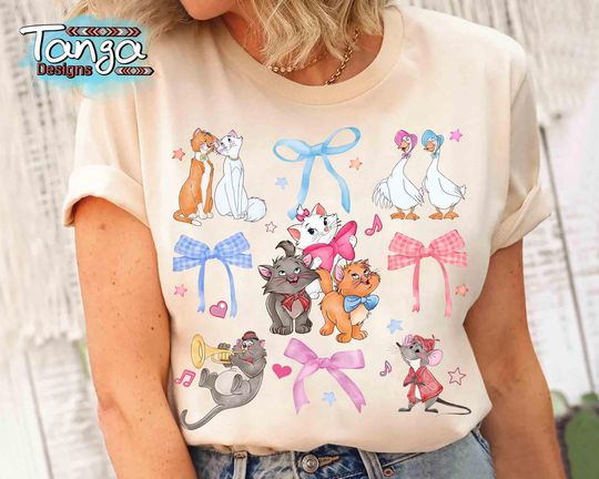Coquette Bows Watercolor Disney The Aristocats T-Shirt, Disney Cat Lover T-Shirt, Marie Toulouse Berlioz T-Shirt