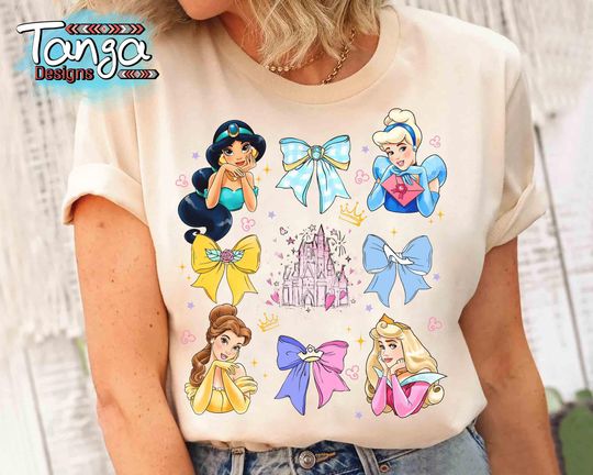 Coquette Bows Watercolor Disney Princess T-Shirt, Disney Aurora Belle Cinde Aurora Jasmine T-Shirt, Disneyland T-Shirt