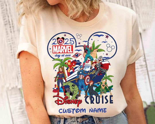 Discover Personalized Disney Cruise Line Day At Sea 2025 T-shirt, Custom Name Thor Iron Man Hulk Cruise Trip T-Shirt