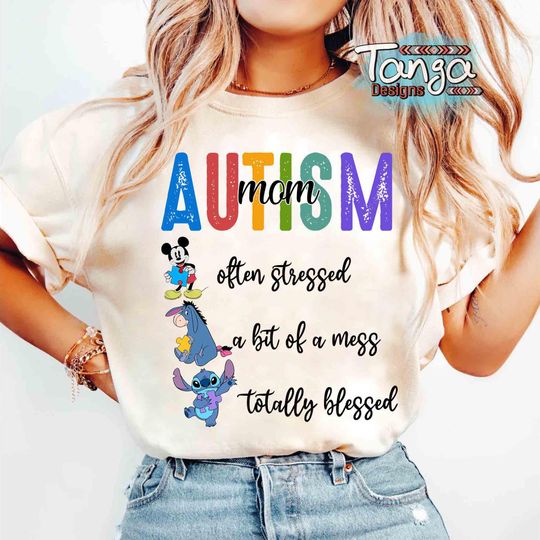 Disney Autism Mom Mickey Stitch Eeyore T-Shirt, I wear blue for Autism Awareness T-Shirt