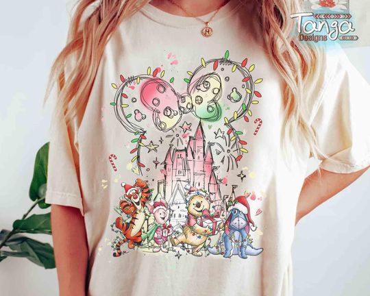 Disney Winnie The Pooh Christmas T- Shirt, Pooh Eeyore Tigger Piglet Christmas Castle T-Shirt, Disneyland T-Shirt