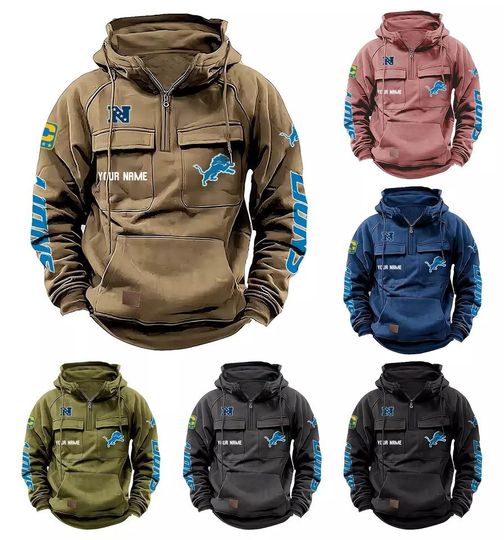 Discover Custom Name Lions Football Cargo Hooded Jacket with Pockets, Detroit Football Fan Gifts