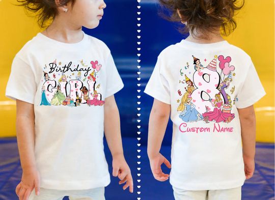 2-sided Personalized Disney Princess Birthday Girl T-shirt, Custom Name Birthday Girl Aurora Snow White Belle Shirt, Disney Princess  Shirt