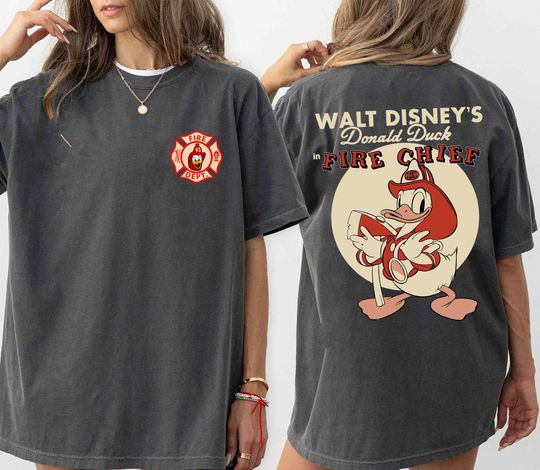 Two sided Retro Fire Dept Donald Duck Fire Chief Shirt, Disney Firefighter Washed Tee, WDW Disneyland Family Trip 2024