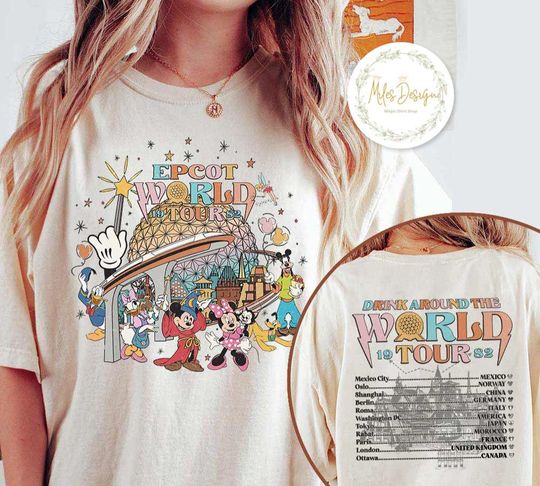 Two-sided Vintage Mickey and Friends Disney Epcot Shirt, Disney Epcot World Tour 1982, Disney Drinking Around The World, Figment Shirt