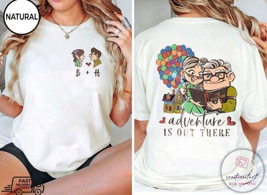 Two-sided Disney Pixar Up Carl And Ellie Adventure Is Out There Shirt, Personalized His Ellie Her Carl Couple Shirt, Disney Honeymoon Gifts