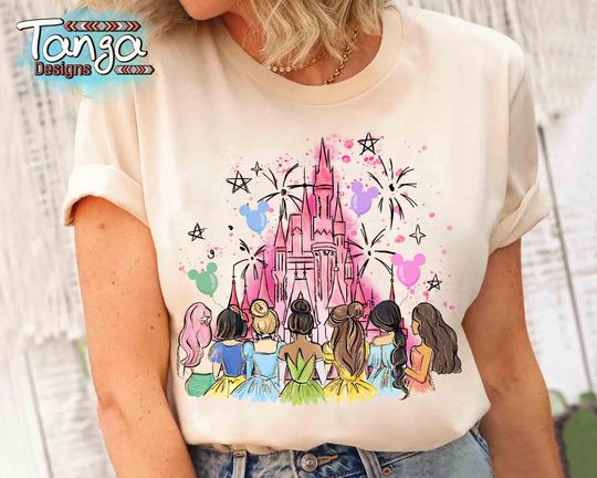 Retro Watercolor Disney Princess T-shirt, Minnie Ears Princess Castle T-shirt, Disney Girl Trip Group T-shirt