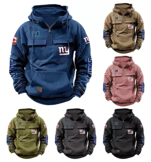 Discover New York Football Team Men's Quarter Zip Cargo Hoodies