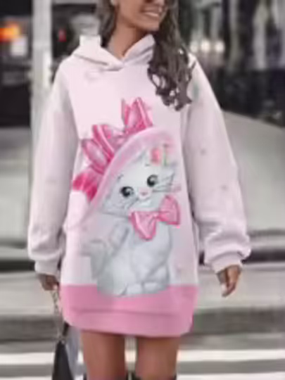 Discover Hot sale new autumn and winter women's hooded skirt Disney Marie cat print comfortable sweatshirt hoodie elegant dress